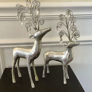 2 Silver Reindeer Figurines with Sparkly Antlers